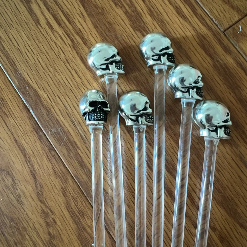 Lot of 6 Skull Cocktail Drink Stir Sticks - Silver Stirrer